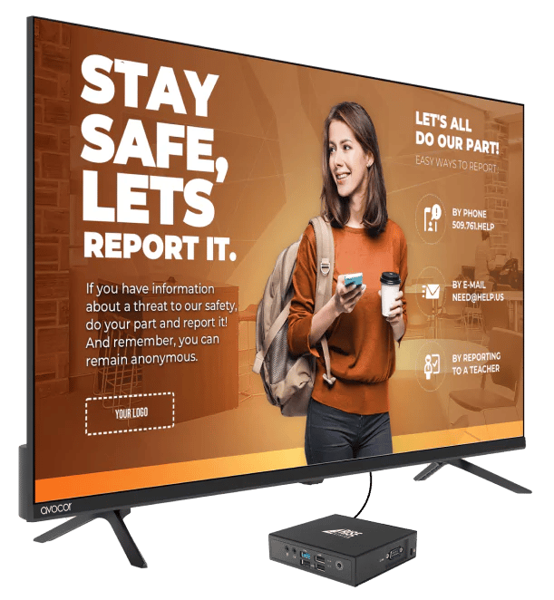 The Rise Vision Media Player Hardware as a Service connected to a TV showing a safety message.