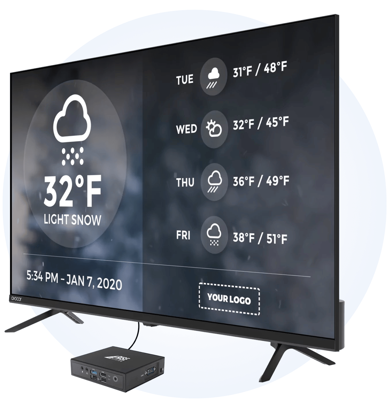 The Rise Vision Media Player Hardware as a Service connected to a TV showing the weather.