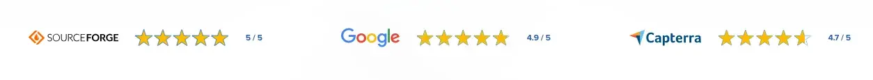 Rise Vision ratings: 5/5 on SourceForge, 4.9/5 on Google, and 4.7/5 on Capterra