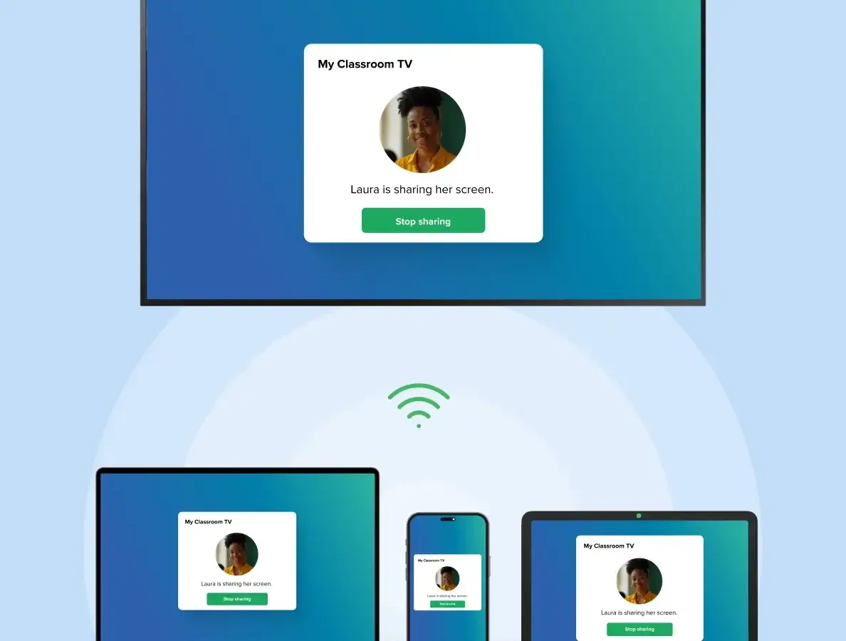 Rise Vision screen sharing from a laptop, phone, and tablet to a classroom TV