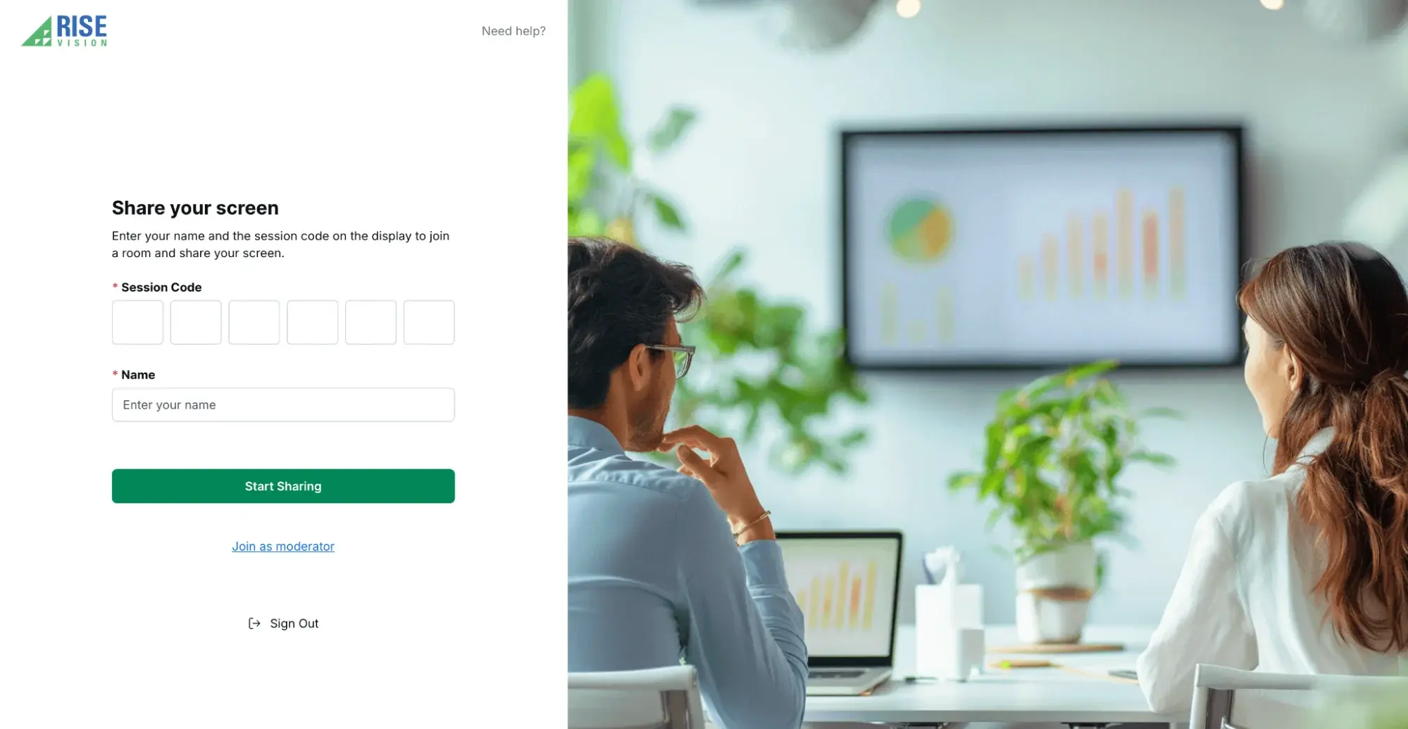 Rise Vision screen sharing page where a presenter enters the session code and their name to start sharing
