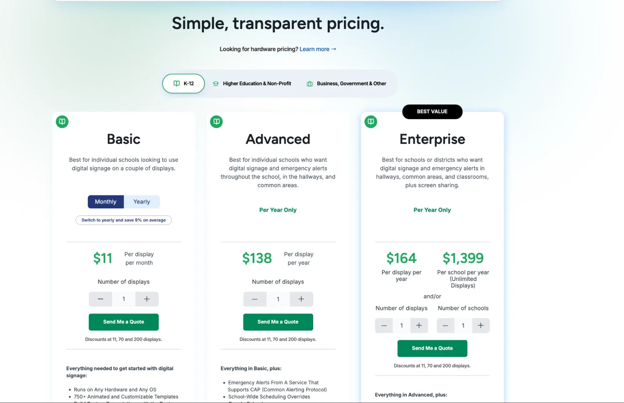 Rise Vision K-12 pricing for Basic, Advanced, and Enterprise plans, a ScreenCloud alternative