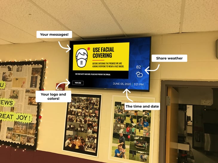 School digital signage featuring weather, the time and date, and various messages.