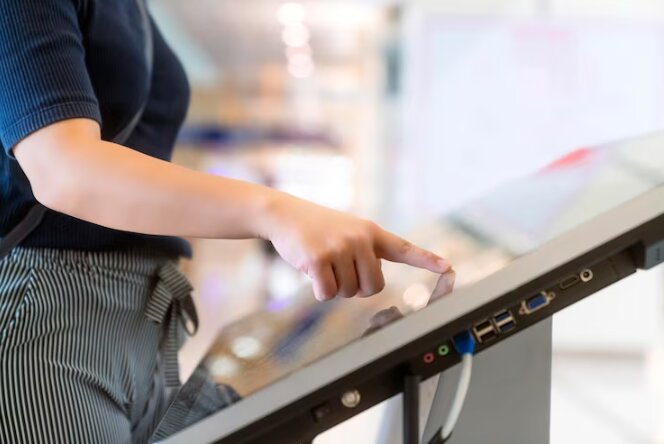 Woman interacting with a touchscreen kiosk. 