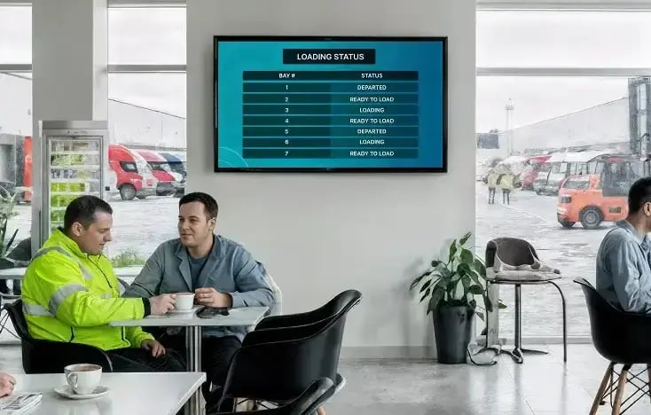 Two employees for a tranportation and logistics company sitting in a cafeteria with digital signage on the wall