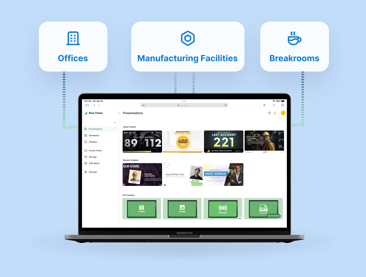 A light blue background with icons (offices, manufacturing and tea) and a laptop