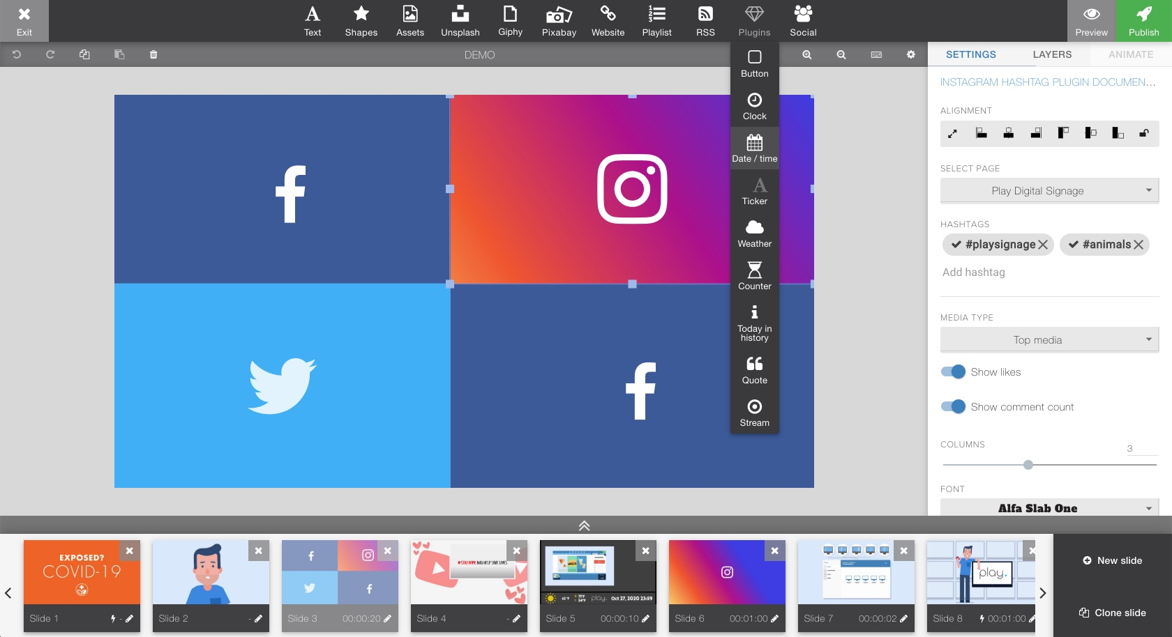 A page showing the logos of instagram facebook and twitter