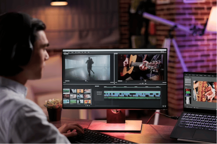 A man editing videos on his computer.