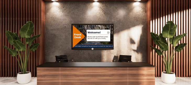 Welcome digital signage in an office lobby.