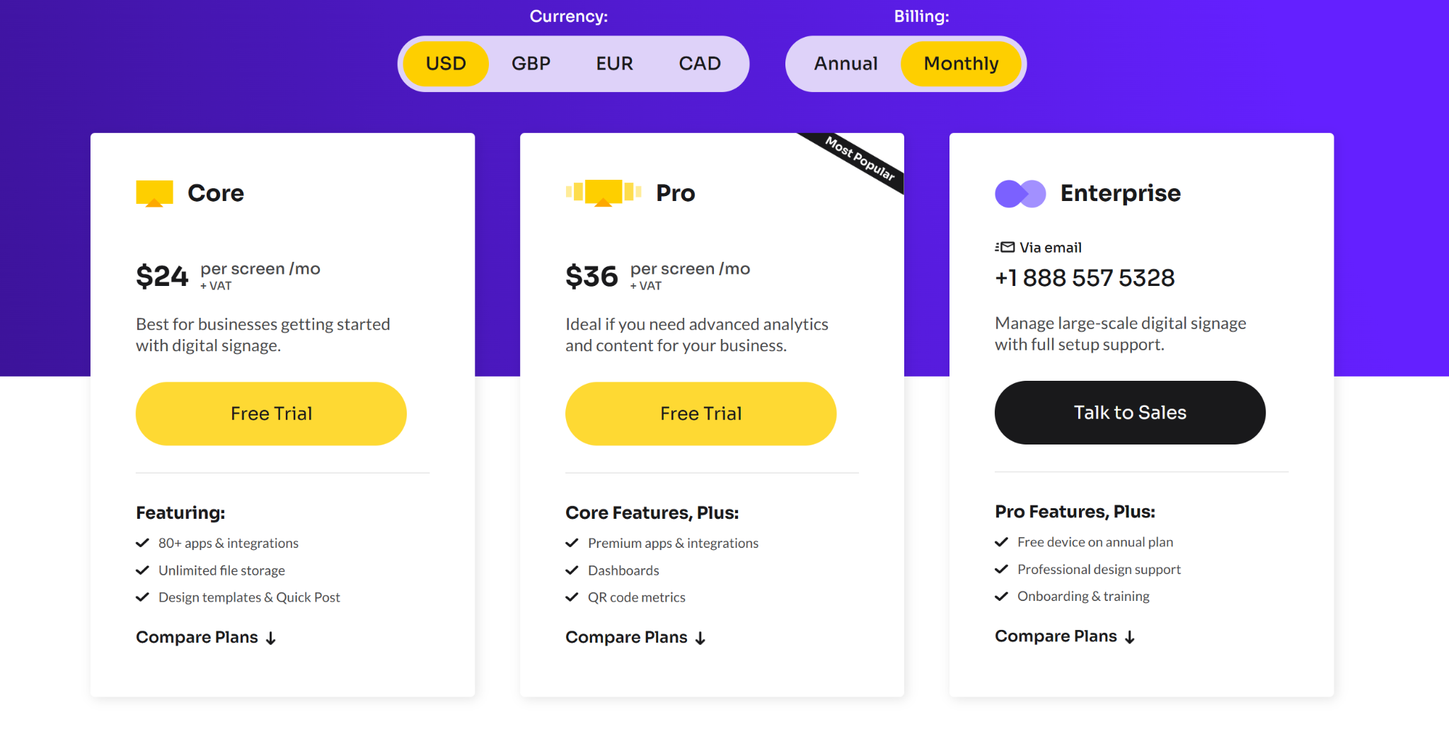 Pricing list (Core, pro, enterprise)