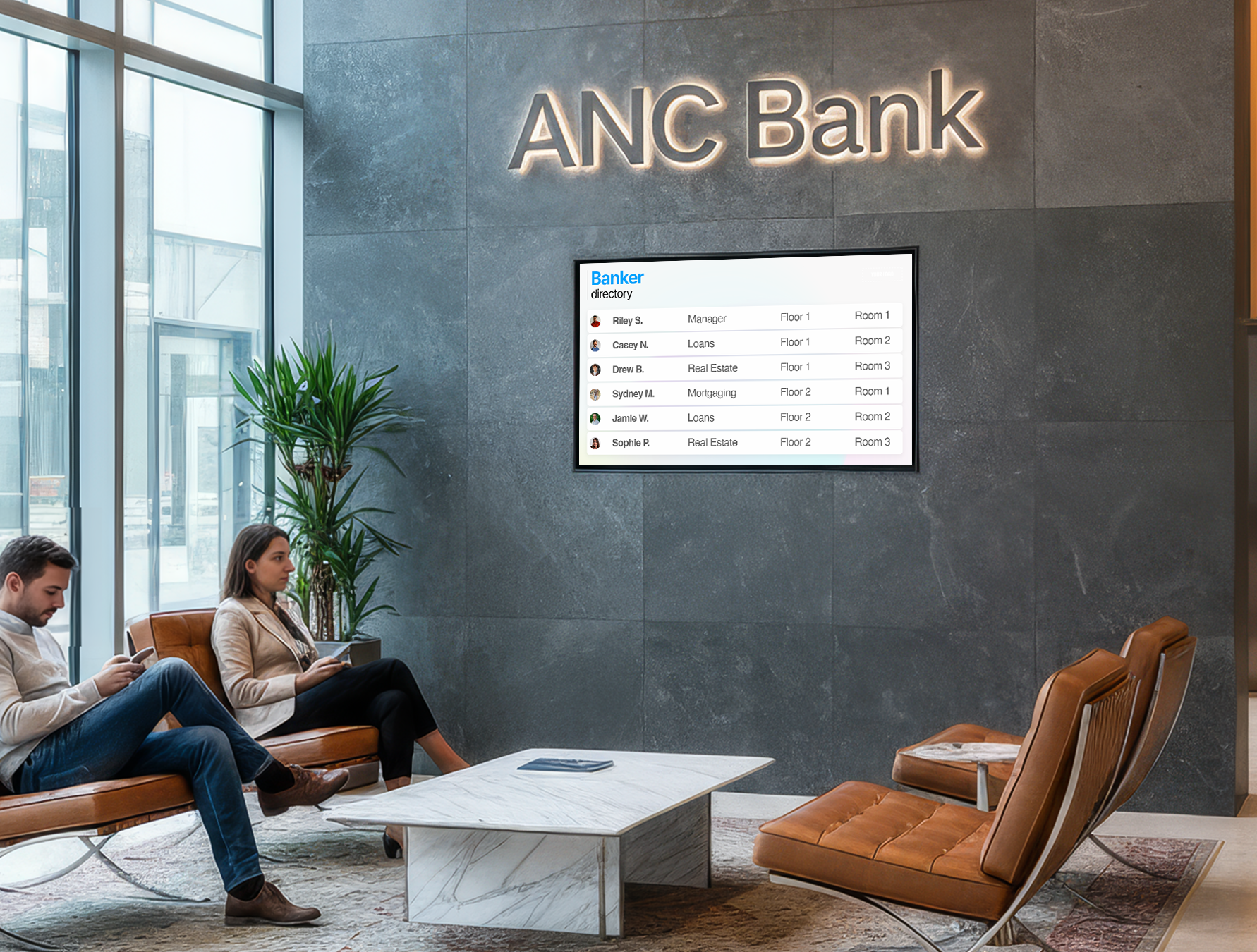 ANC bank signage with man and woman on a brown couch