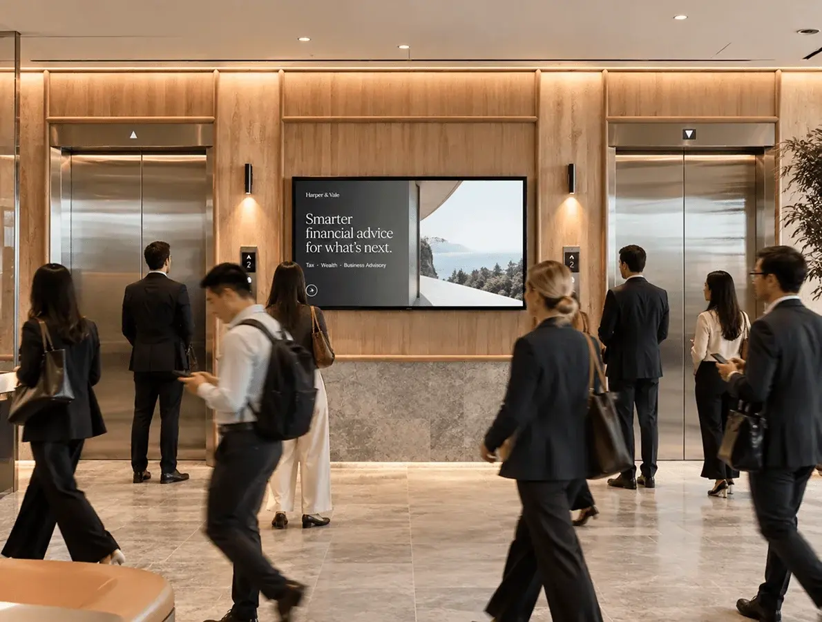 digital signage around elevator in a high traffic area where people frequently see it