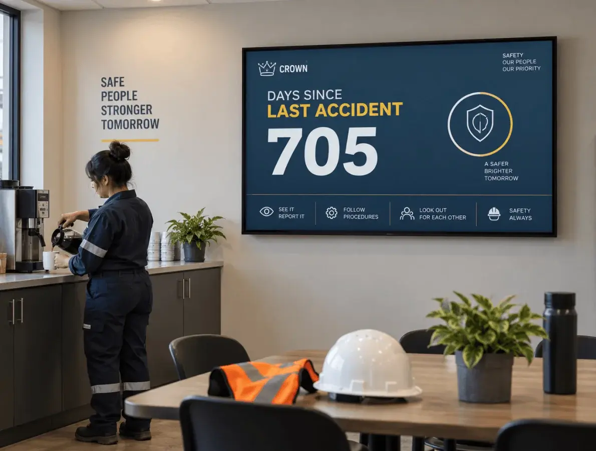 a female factory worker in a room with a signage displaying days since last accident