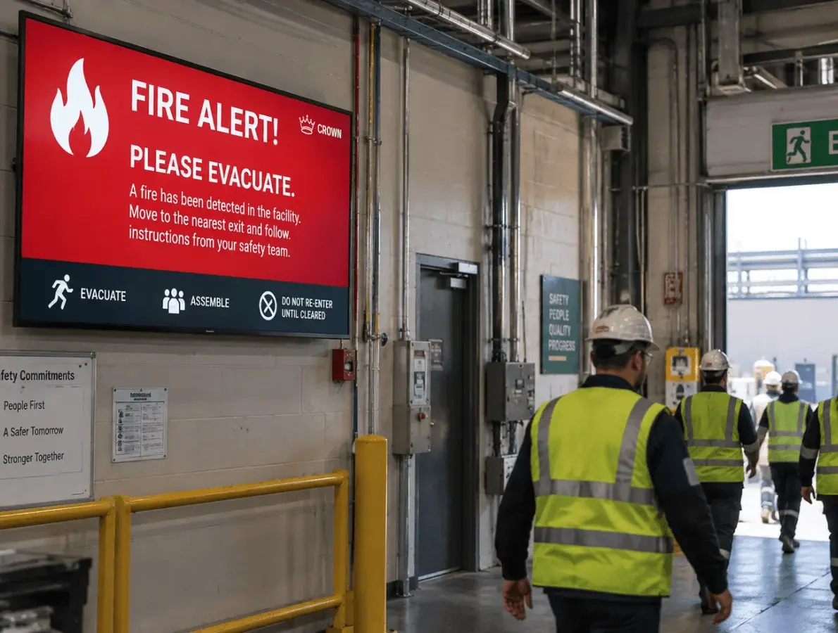 factory floor with an emergency alert signage displaying please evacuate