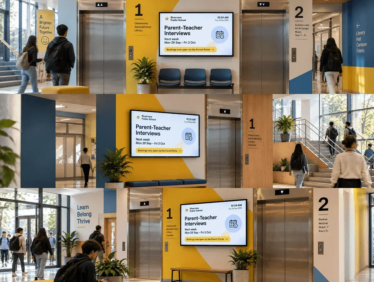 different lobbies with consistent message displayed across with digital sigange
