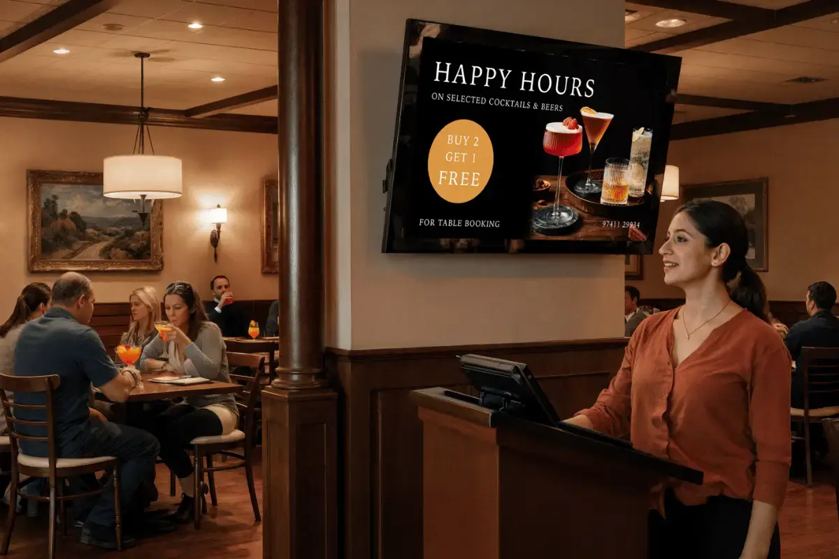A restaurant using digital signage with people eating in the background