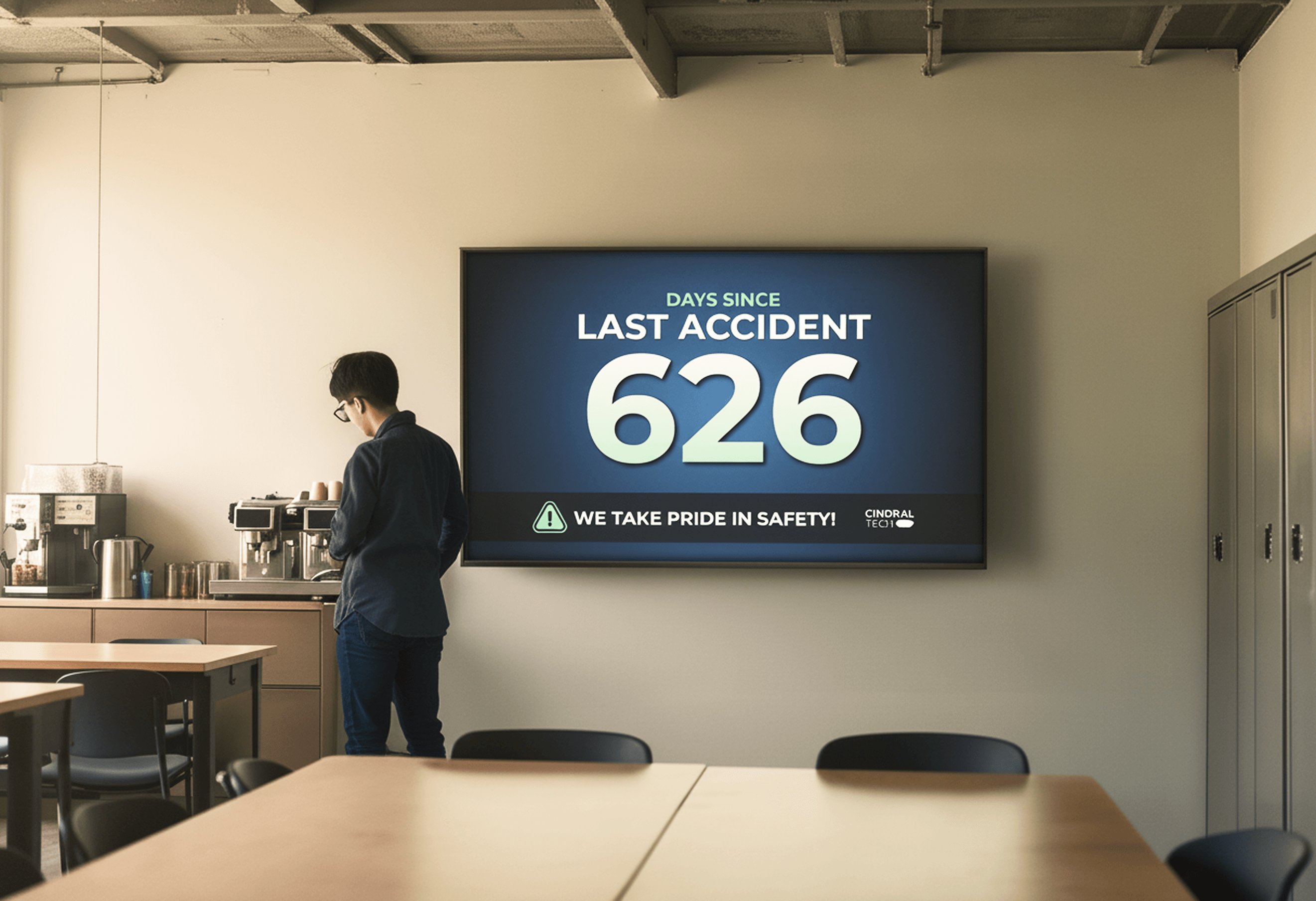 An employee in a warehouse cafe room with a digital display indicating 626 days since the last accident