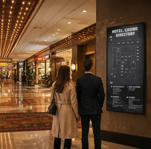 A male and female couple standing in a hotel lobby and viewing the Rise Vision digital display to view directions and a map of the building