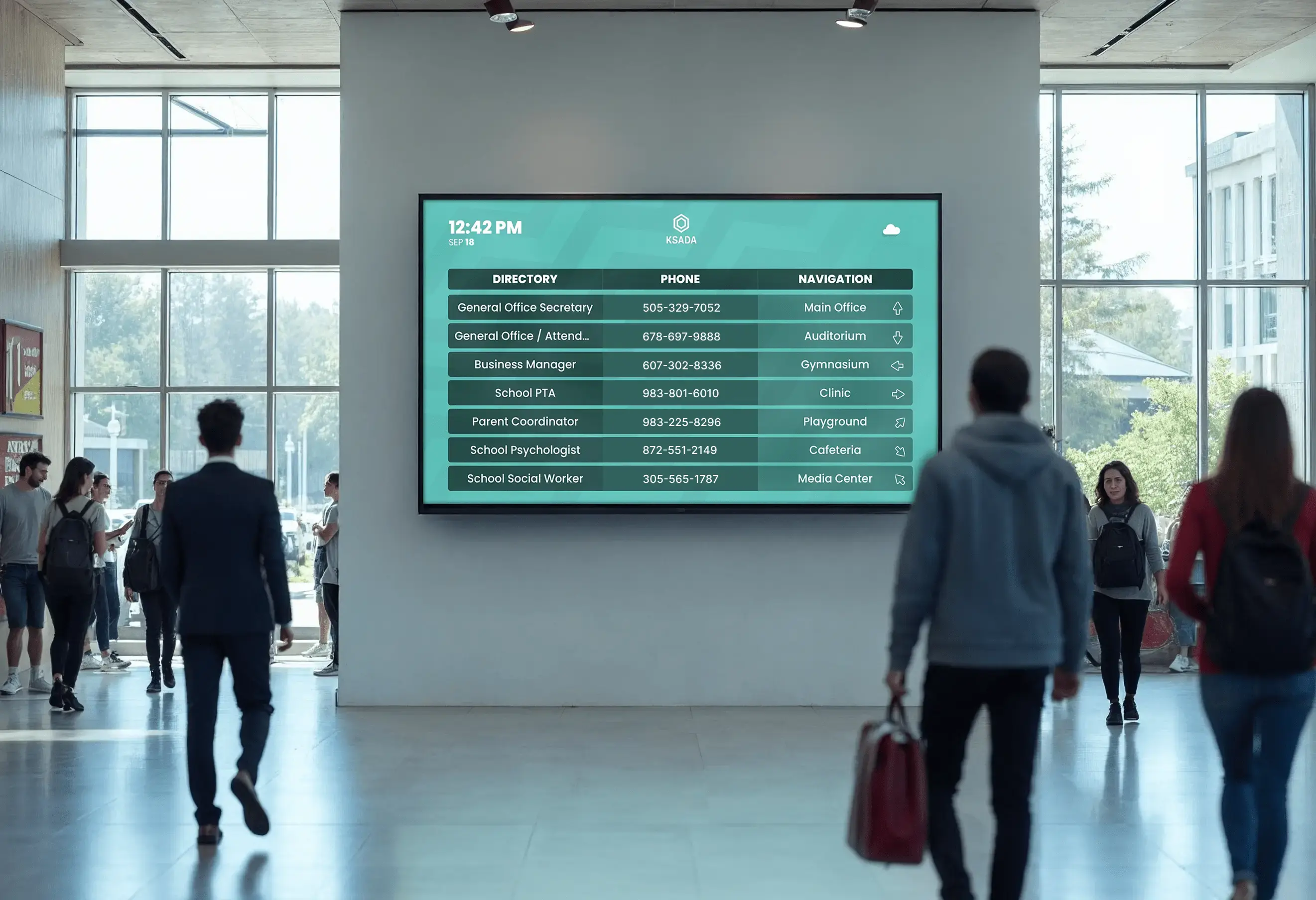 Internal lobby of a large commercial building with a large digital display showing building directory