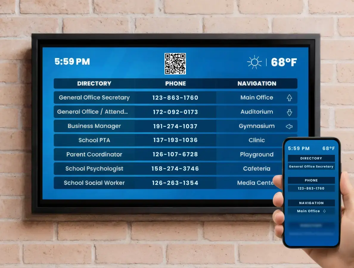 A digital directory with a QR code and a mobile phone