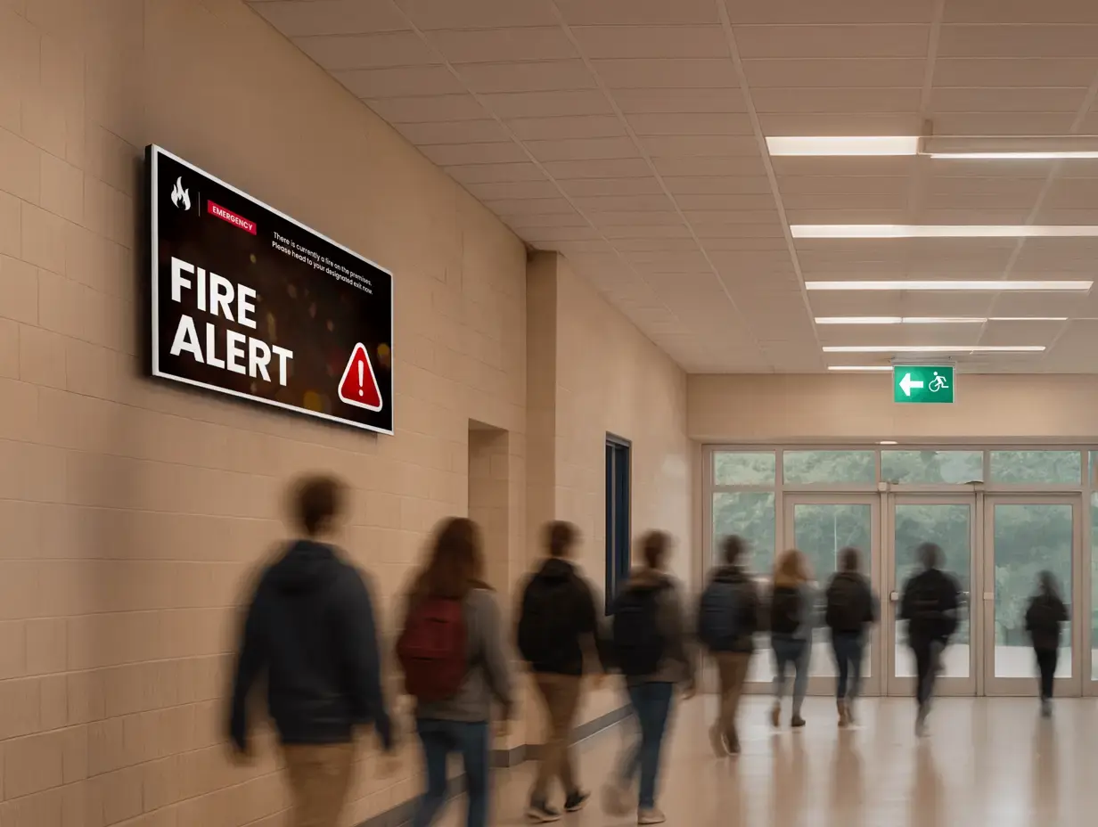 Students evacuating school with an emergency alert notifying them of a fire