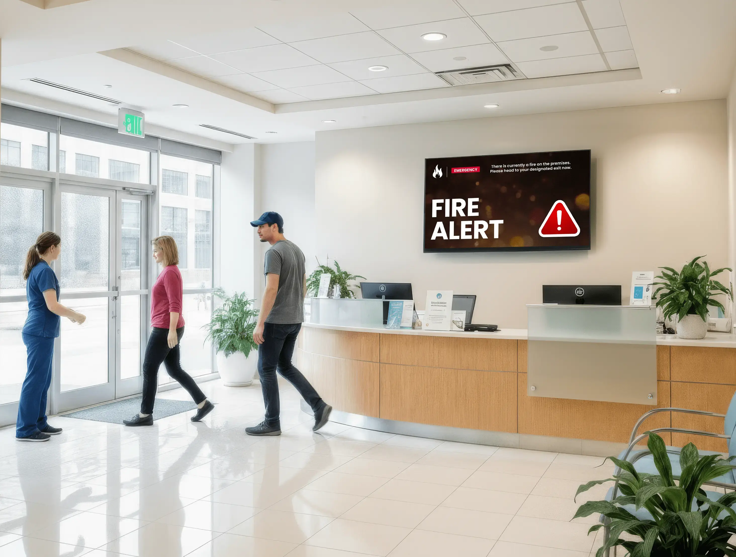 The lobby of a hospital where an emergency digital signage display is available for visitors