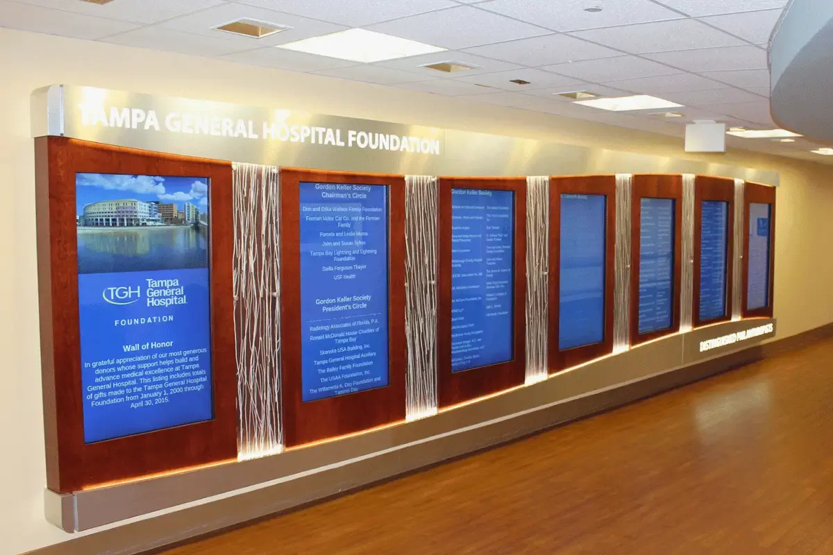 Multiple digital displays for donors and visitors indicating the names and donations of contributors
