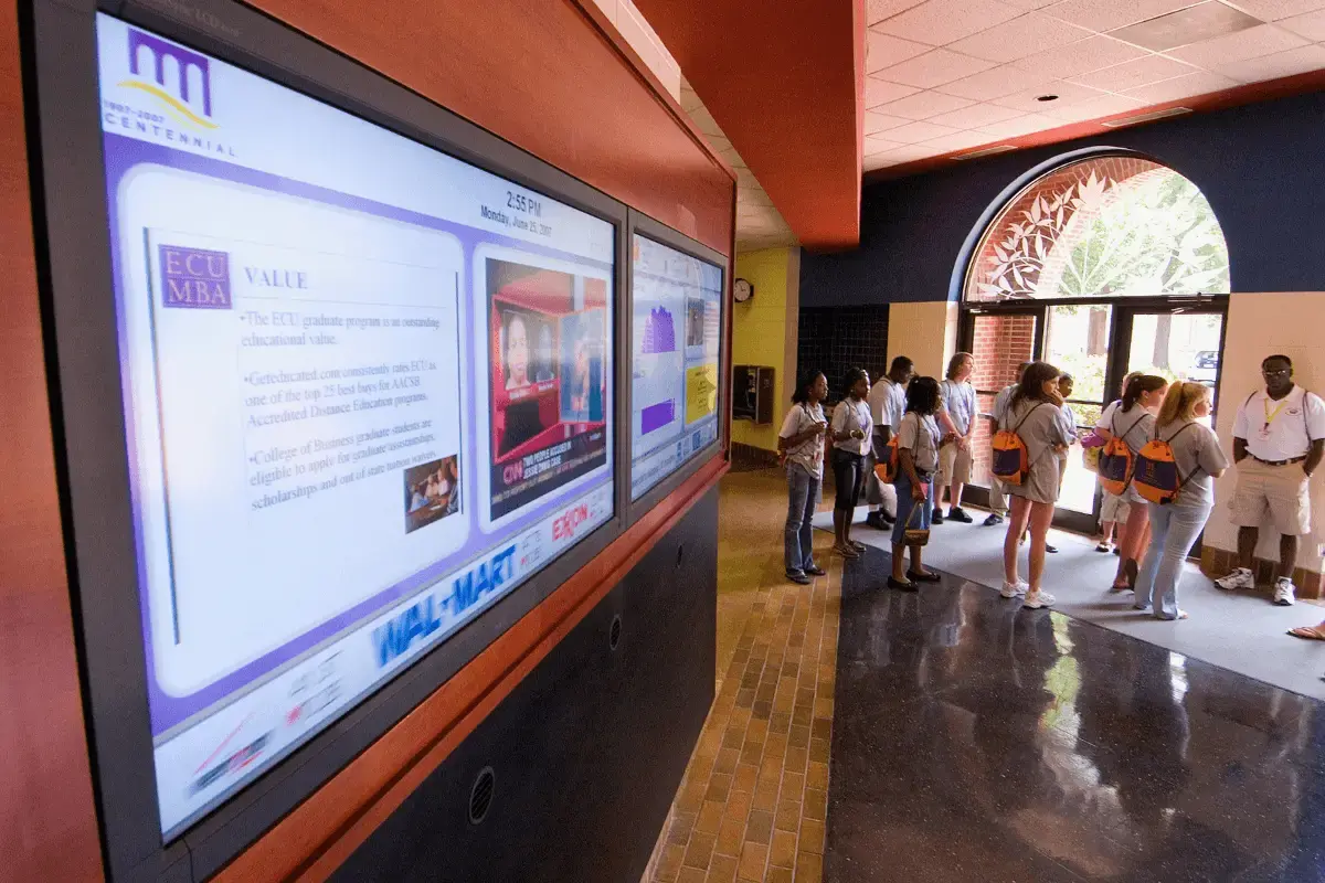A multi screen digital signage display in a college campus