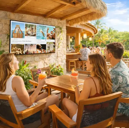A male and two females sitting at a table, enjoying drinks on vacation while viewing a Rise Vision digital display
