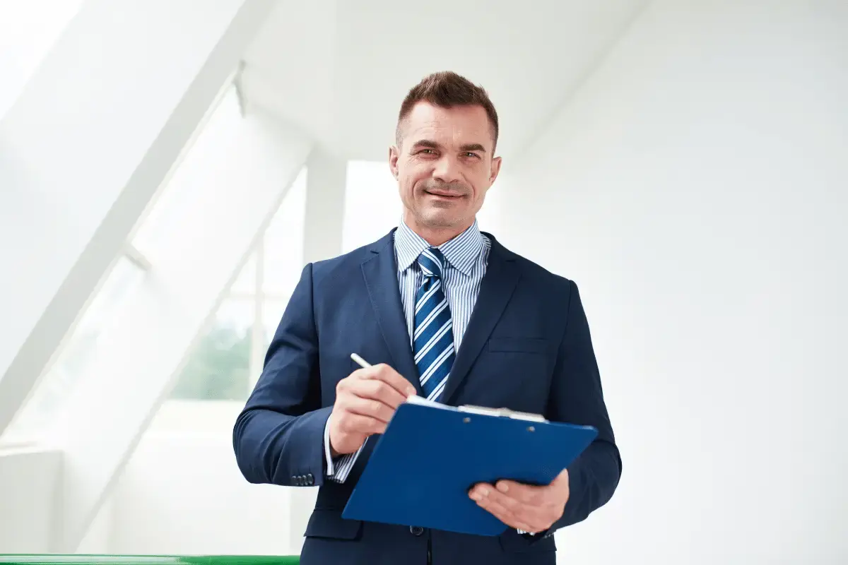 Financial services representative looking at a camera