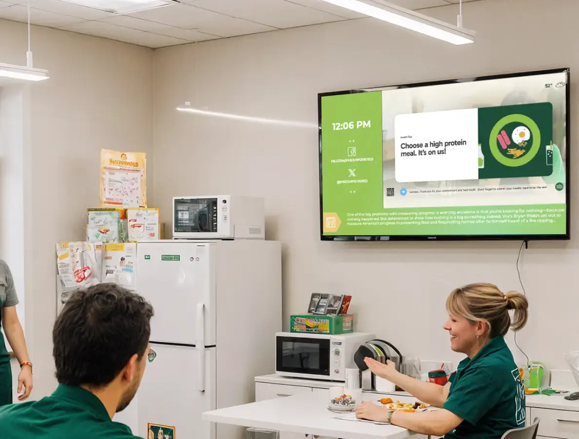 Employee bulletin board digital display in a cafe of a retail shop