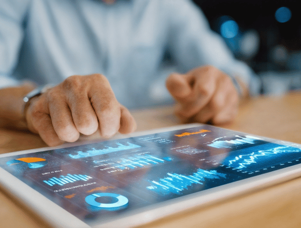 Man looking at a tablet showing manufacturing dashboard