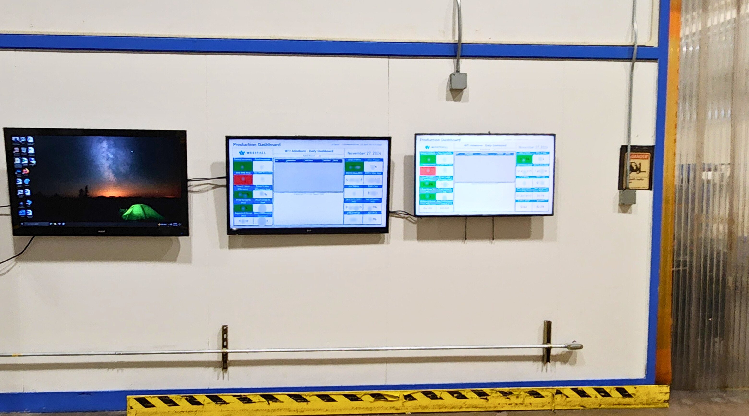 Digital Power BI and manufacturing dashboards on the wall of a manufacturing facility