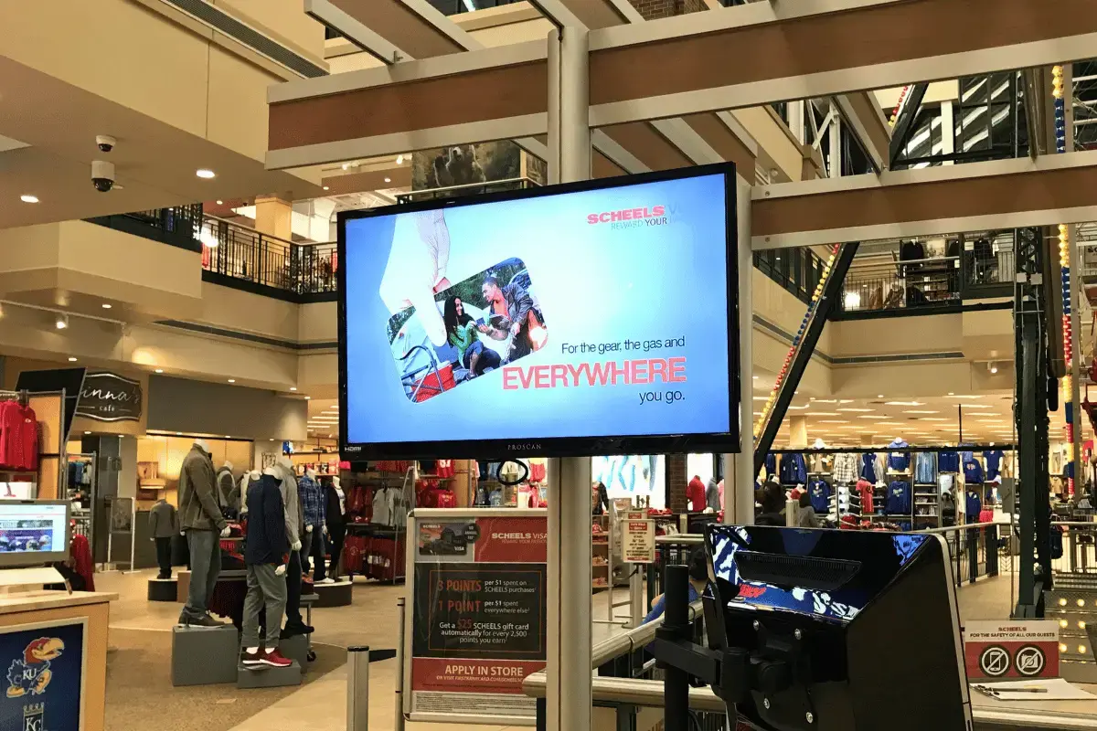 A large digital display in a large retail facility
