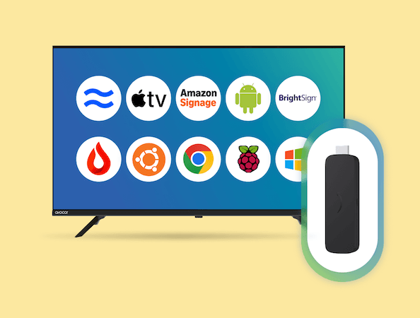Amazon Signage Stick in a white oval with 10 operating system logos on a display screen