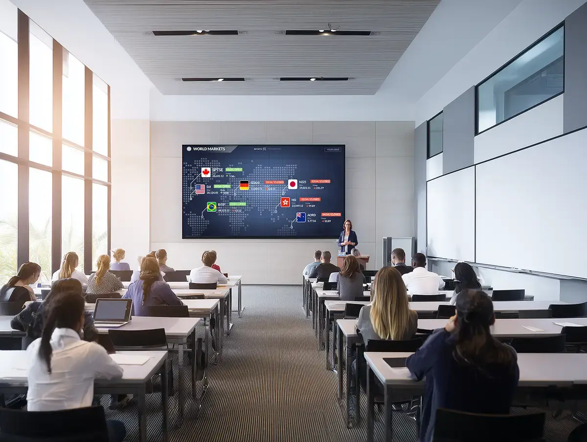 Young students in a college classroom learning about financial literacy on a Rise Vision digital signage display