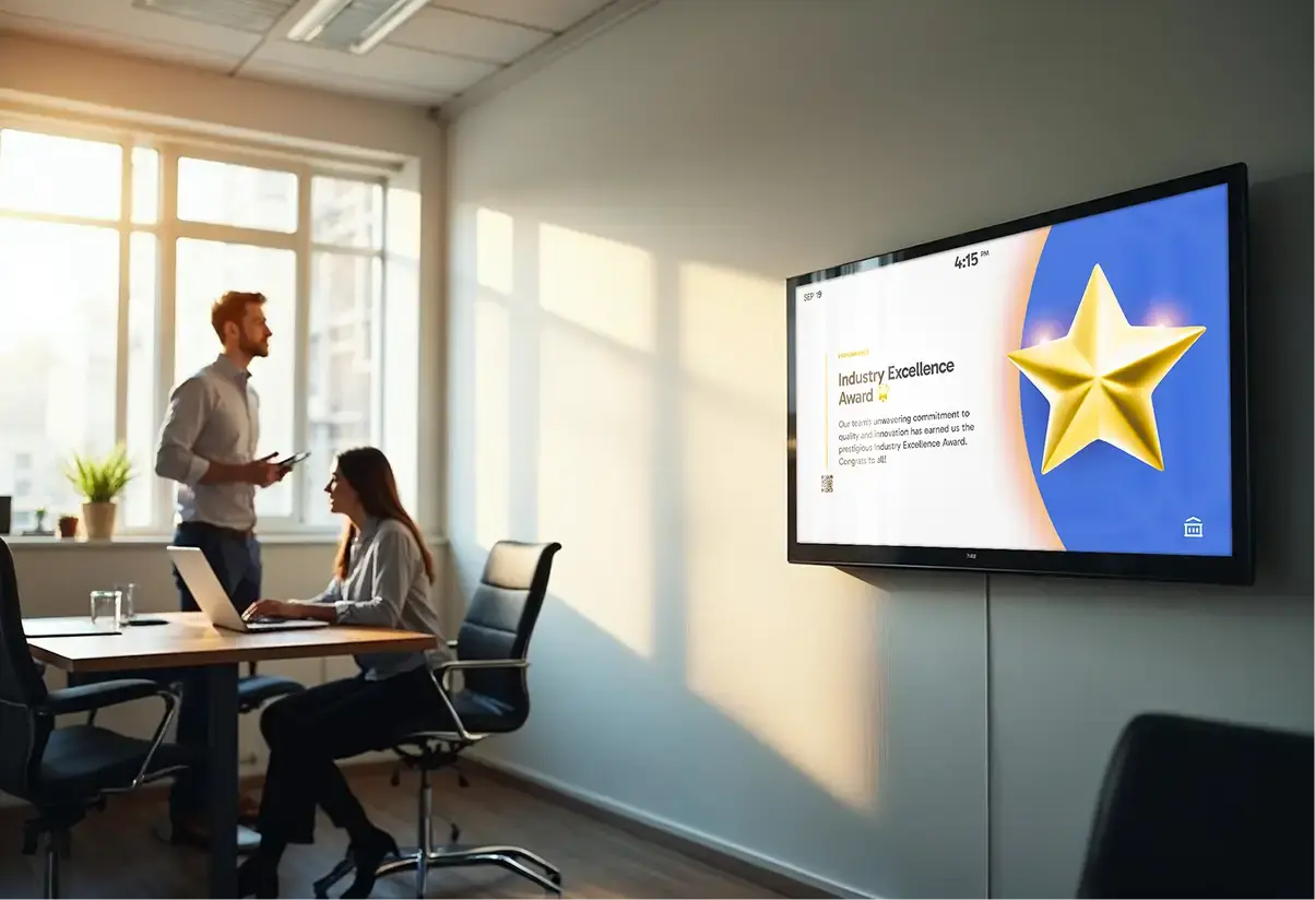Corporate office setting with a male and female colleagues viewing digital signage mounted on the office wall