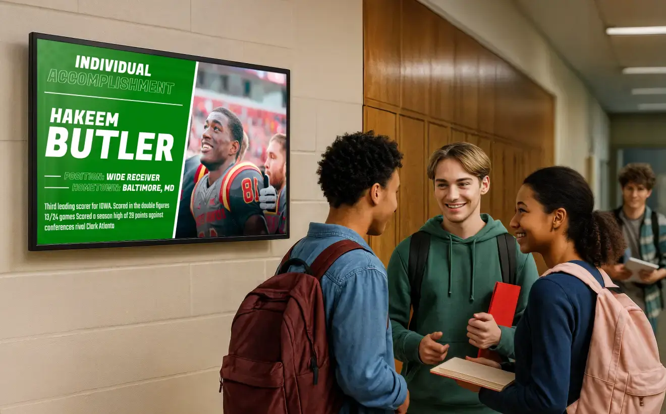 Students chatting in a school hallway with a digital hall of fame board mounted on the wall
