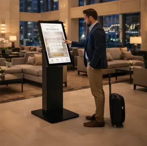 A male traveler at a hotel uses a Rise Vision display to help find directions to his next destination