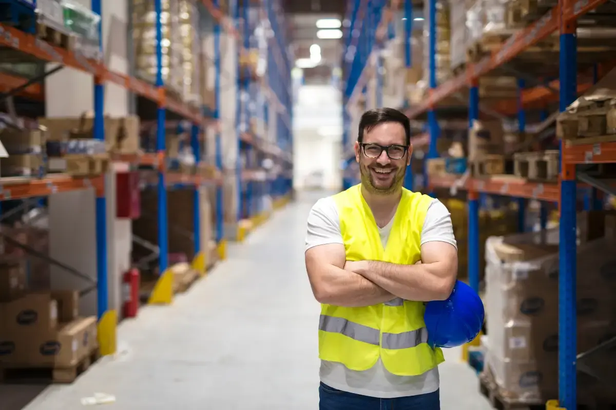 A warehouse worker wearing a yellow vest and smiling toward the camera