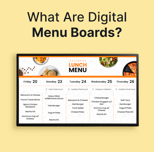 Digital menu board showing a lunch menu on a yellow background