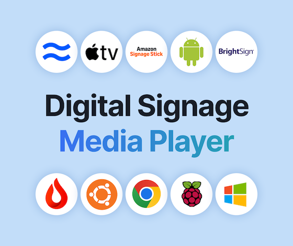 Graphic with 10 media player logos, text overlay "Digital Signage Media Player"