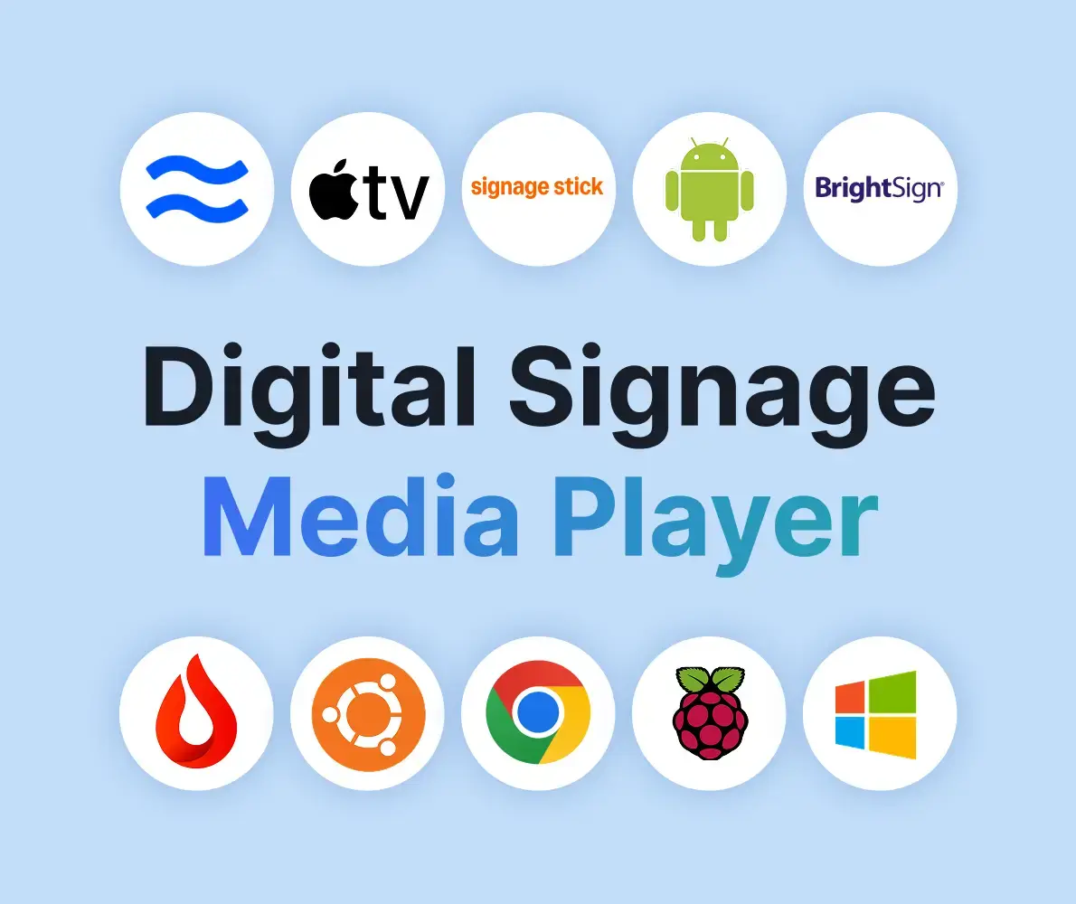 Graphic with 10 media player logos, text overlay "Digital Signage Media Player"