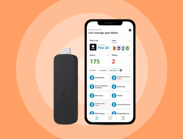 Amazon Signage Stick and app showing UX on an orange background
