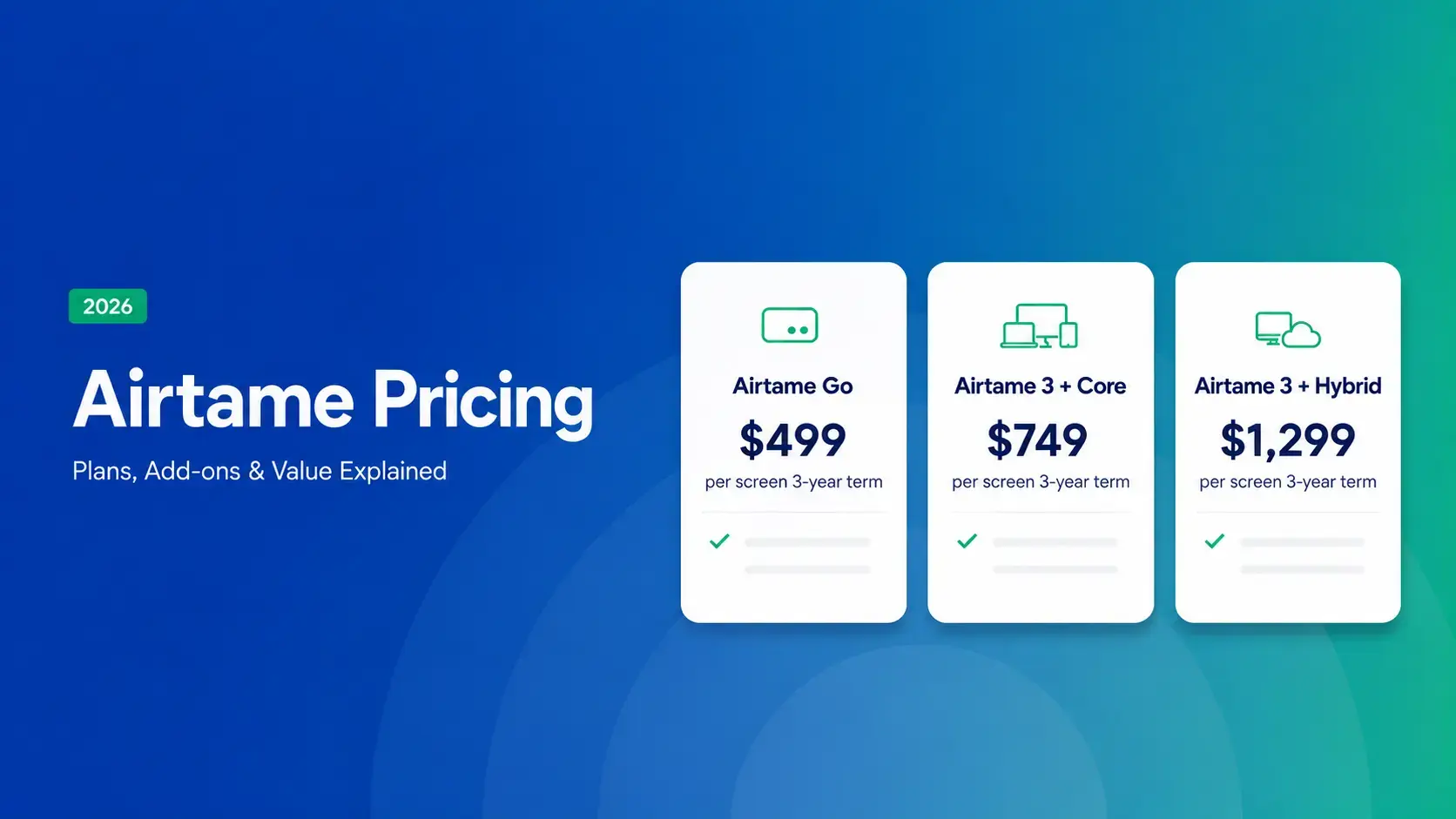 image showing airtame pricing including airtame go, 3+ core and 3+ hybrid