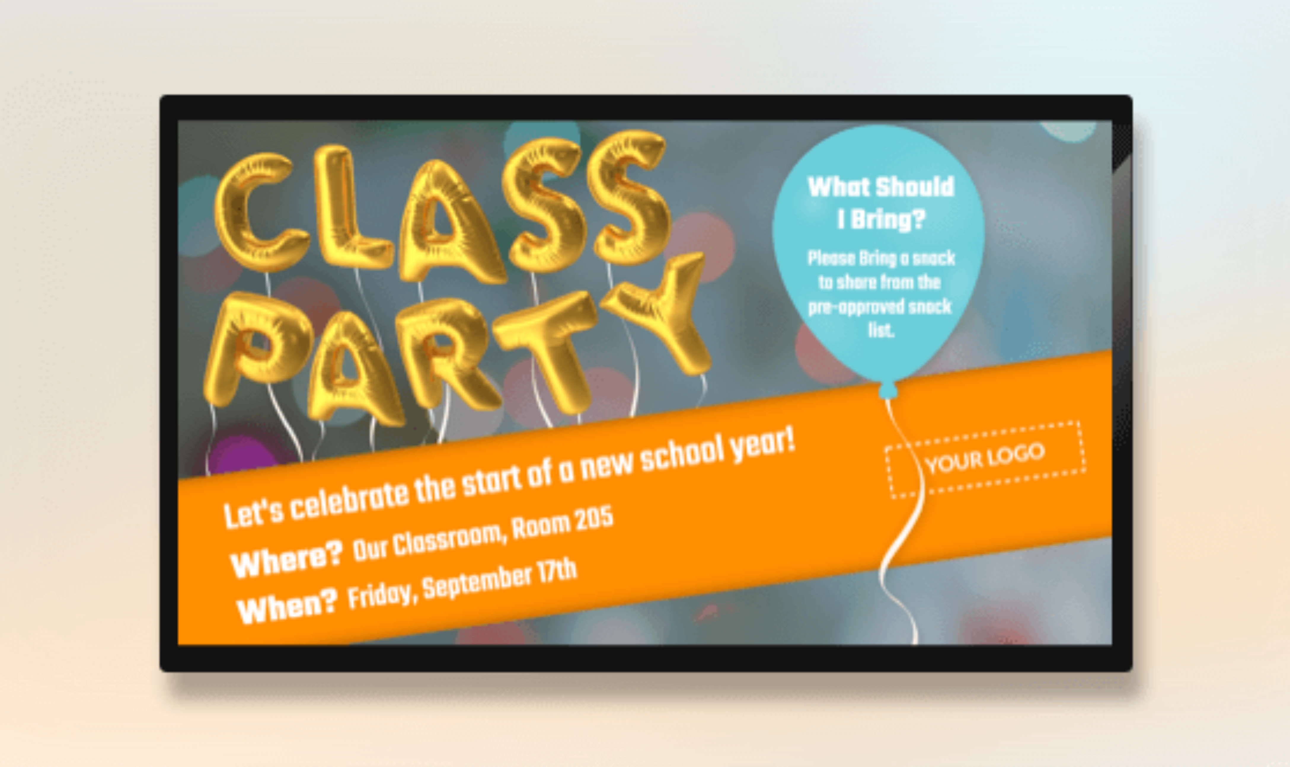 A digital signage template announcing a class party event.