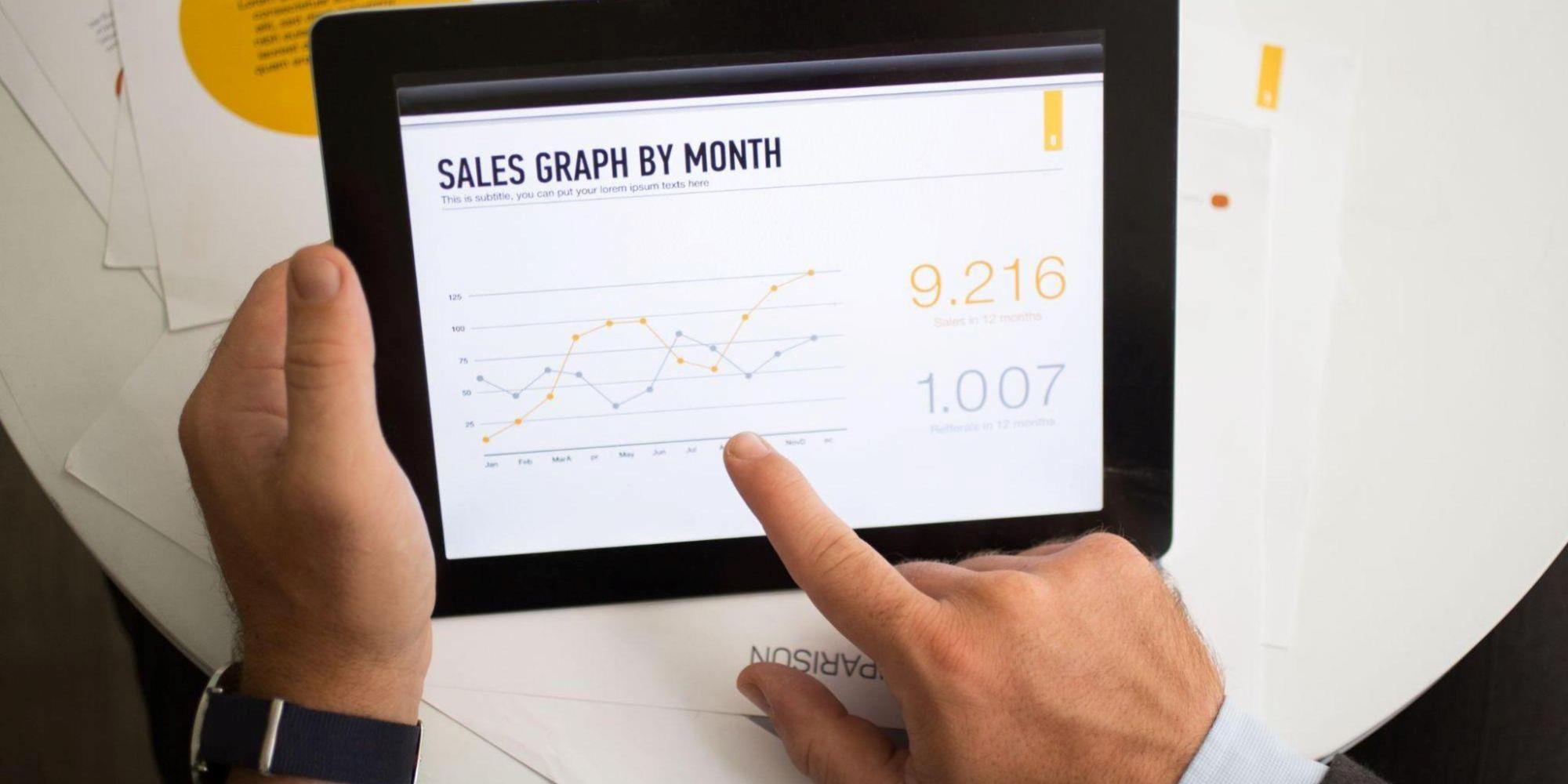 A man reviewing sales data on a tablet. 