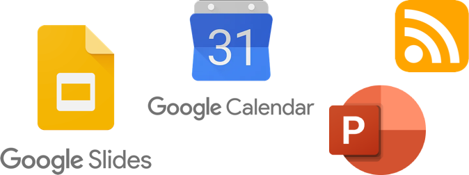 Google slides, google calendar power point, and rss digital signage icons.