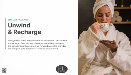 Rise Vision digital signage template for a female at a spa having a relaxing moment while drinking coffee