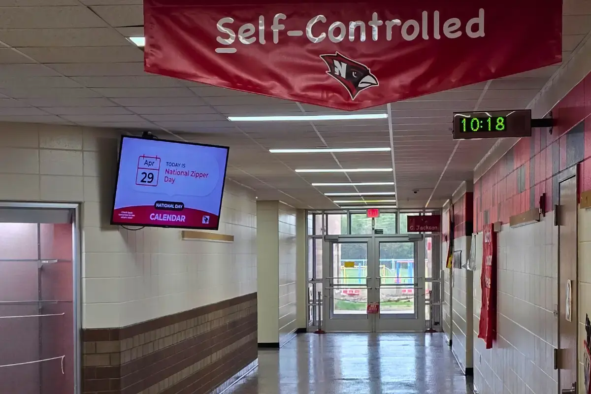 The interior hallway of a K-12 school